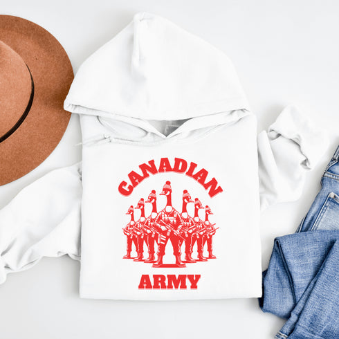 Defend the Great White North in style with our "Canadian Army" hoodie! Featuring an army of fierce Canadian geese dressed in military uniforms and armed for battle