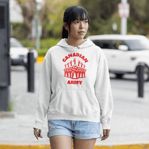 Defend the Great White North in style with our "Canadian Army" hoodie! Featuring an army of fierce Canadian geese dressed in military uniforms and armed for battle