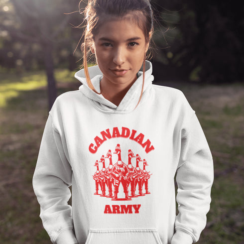 Defend the Great White North in style with our "Canadian Army" hoodie! Featuring an army of fierce Canadian geese dressed in military uniforms and armed for battle