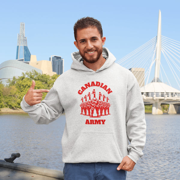 Defend the Great White North in style with our "Canadian Army" hoodie! Featuring an army of fierce Canadian geese dressed in military uniforms and armed for battle