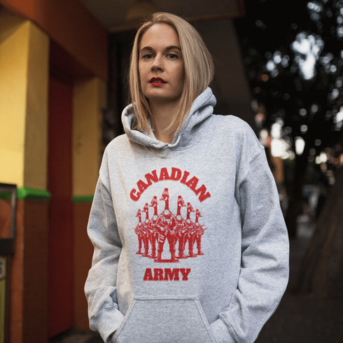 Defend the Great White North in style with our "Canadian Army" hoodie! Featuring an army of fierce Canadian geese dressed in military uniforms and armed for battle