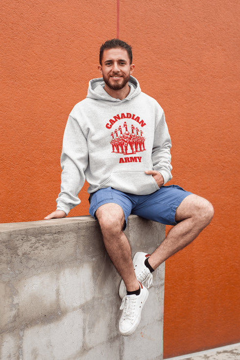 Defend the Great White North in style with our "Canadian Army" hoodie! Featuring an army of fierce Canadian geese dressed in military uniforms and armed for battle