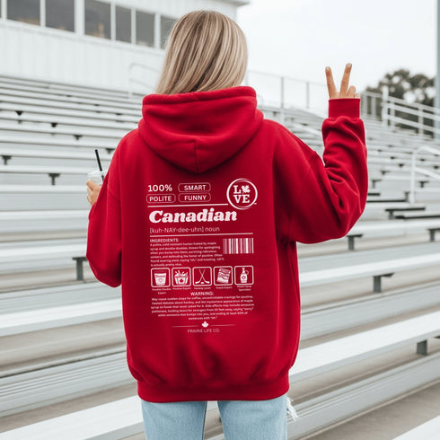 Show your Canadian pride with this funny Canadian definition hoodie featuring maple syrup, hockey, poutine and double-doubles. A cozy hoodie perfect for true Canadians.