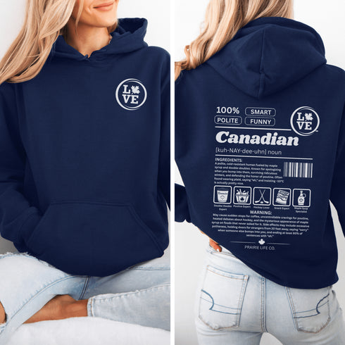 Show your Canadian pride with this funny Canadian definition hoodie featuring maple syrup, hockey, poutine and double-doubles. A cozy hoodie perfect for true Canadians.
