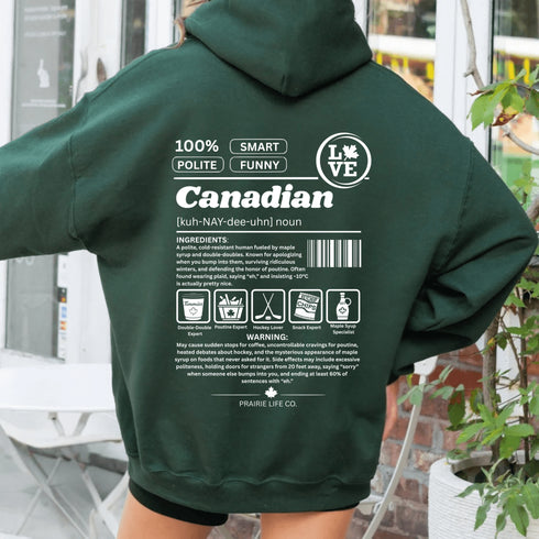 Show your Canadian pride with this funny Canadian definition hoodie featuring maple syrup, hockey, poutine and double-doubles. A cozy hoodie perfect for true Canadians.