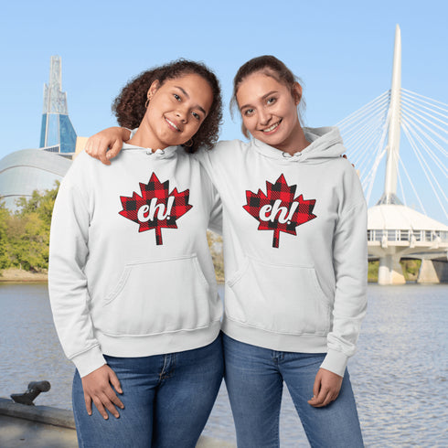 Featuring a bold Canadian maple leaf in classic red and black plaid with a proudly placed "Eh!" on the front, this hoodie is as Canadian as maple syrup on poutine.