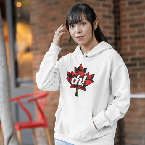 Featuring a bold Canadian maple leaf in classic red and black plaid with a proudly placed "Eh!" on the front, this hoodie is as Canadian as maple syrup on poutine.