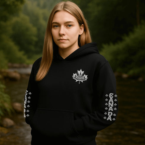 Premium Canada hoodie featuring Indigenous-inspired maple leaf art and Canada sleeve print. Cozy unisex sweatshirt perfect for travel, gifts, and everyday wear.