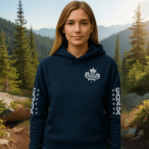 Premium Canada hoodie featuring Indigenous-inspired maple leaf art and Canada sleeve print. Cozy unisex sweatshirt perfect for travel, gifts, and everyday wear.