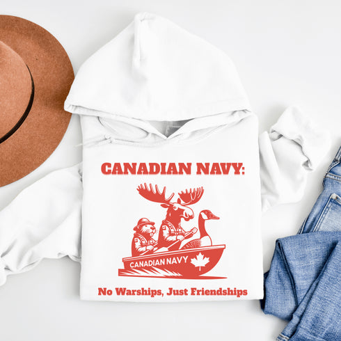 Featuring a moose, a beaver, and a goose paddling together in a canoe labeled "Canadian Navy," this design perfectly captures Canada’s laid-back loving spirit.