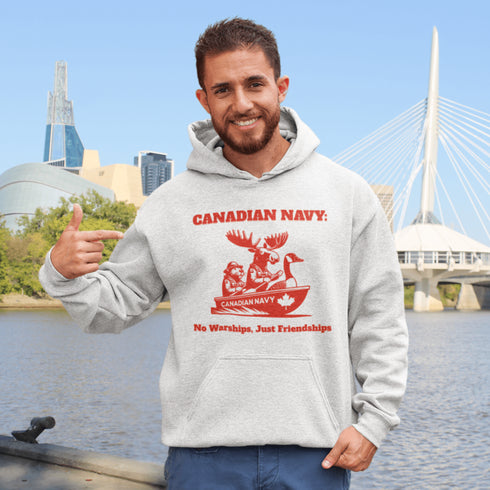 Featuring a moose, a beaver, and a goose paddling together in a canoe labeled "Canadian Navy," this design perfectly captures Canada’s laid-back loving spirit.