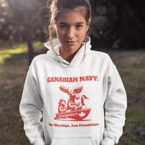 Featuring a moose, a beaver, and a goose paddling together in a canoe labeled "Canadian Navy," this design perfectly captures Canada’s laid-back loving spirit.