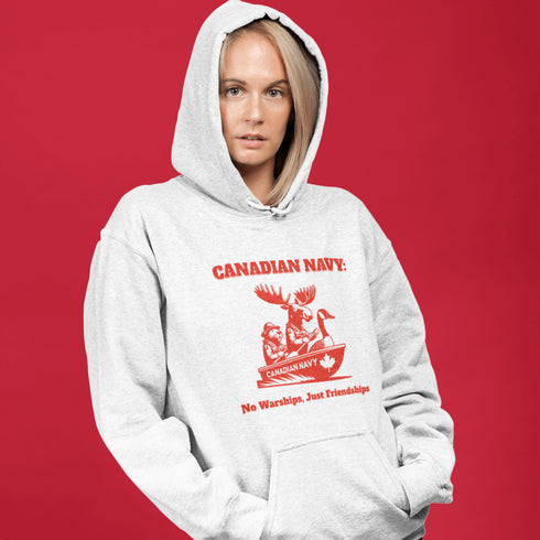 Featuring a moose, a beaver, and a goose paddling together in a canoe labeled "Canadian Navy," this design perfectly captures Canada’s laid-back loving spirit.