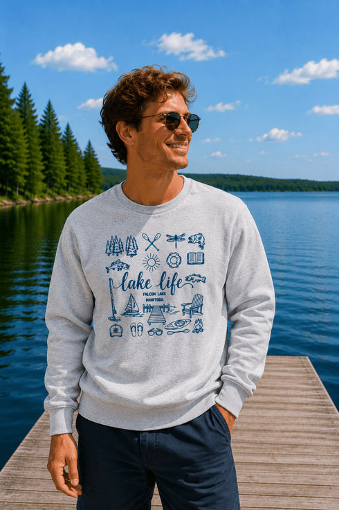 Lake Life Falcon Lake Manitoba custom sweatshirt with hand-drawn lake icons design on cozy crewneck apparel