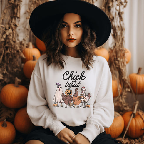 Get ready to ruffle some feathers with the Chick or Treat sweatshirt! Featuring a flock of adorable cartoon chickens dressed up for Halloween, these little cluckers are out for more than just corn this year—they're here for candy!