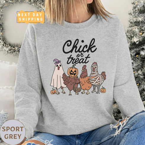 Get ready to ruffle some feathers with the Chick or Treat sweatshirt! Featuring a flock of adorable cartoon chickens dressed up for Halloween, these little cluckers are out for more than just corn this year—they're here for candy!