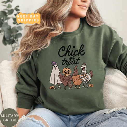 Get ready to ruffle some feathers with the Chick or Treat sweatshirt! Featuring a flock of adorable cartoon chickens dressed up for Halloween, these little cluckers are out for more than just corn this year—they're here for candy!