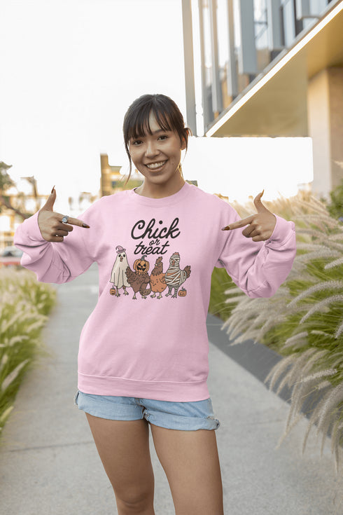 Get ready to ruffle some feathers with the Chick or Treat sweatshirt! Featuring a flock of adorable cartoon chickens dressed up for Halloween, these little cluckers are out for more than just corn this year—they're here for candy!