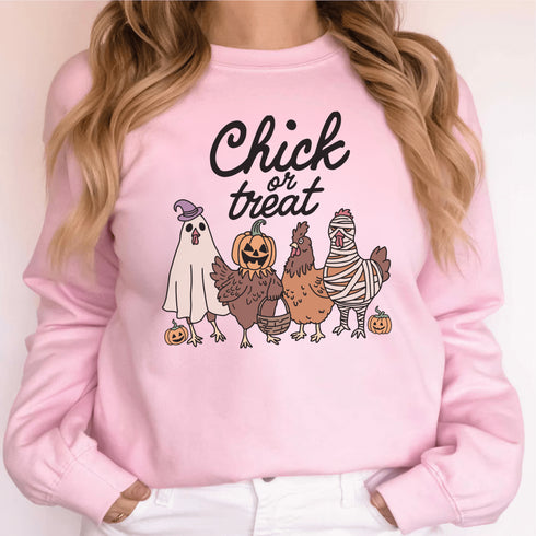 Get ready to ruffle some feathers with the Chick or Treat sweatshirt! Featuring a flock of adorable cartoon chickens dressed up for Halloween, these little cluckers are out for more than just corn this year—they're here for candy!