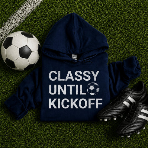 Navy Classy Until Kickoff Soccer Hoodie With white text