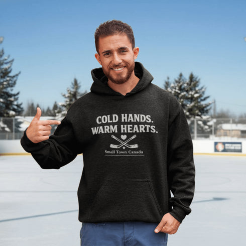Outdoor hockey hoodie celebrating small town rink life. Cozy fleece sweatshirt perfect for skating, shinny nights, and Canadian winter traditions.
