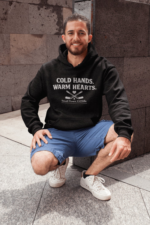 Outdoor hockey hoodie celebrating small town rink life. Cozy fleece sweatshirt perfect for skating, shinny nights, and Canadian winter traditions.