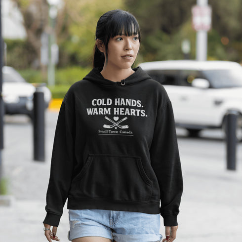 Outdoor hockey hoodie celebrating small town rink life. Cozy fleece sweatshirt perfect for skating, shinny nights, and Canadian winter traditions.