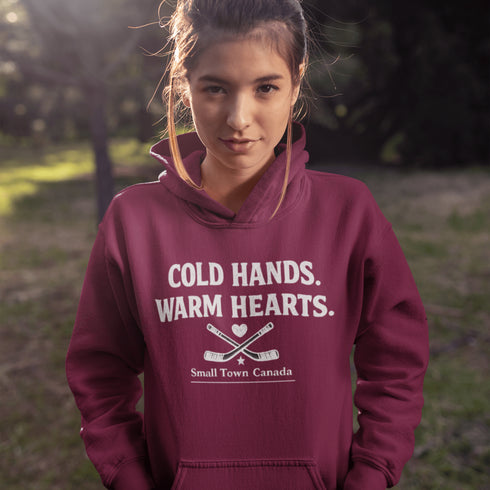 Outdoor hockey hoodie celebrating small town rink life. Cozy fleece sweatshirt perfect for skating, shinny nights, and Canadian winter traditions.