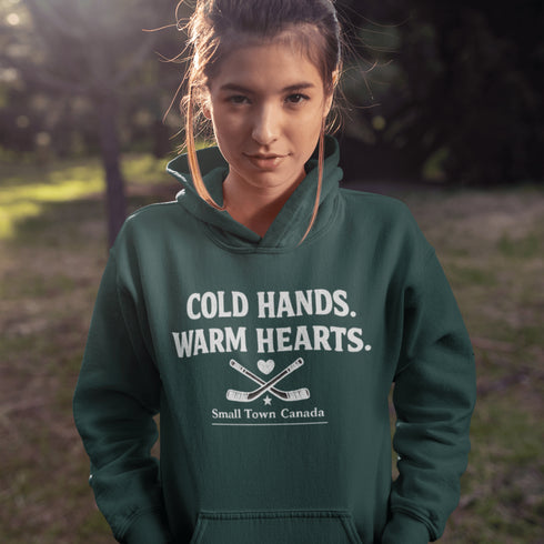Outdoor hockey hoodie celebrating small town rink life. Cozy fleece sweatshirt perfect for skating, shinny nights, and Canadian winter traditions.