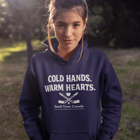 Outdoor hockey hoodie celebrating small town rink life. Cozy fleece sweatshirt perfect for skating, shinny nights, and Canadian winter traditions.