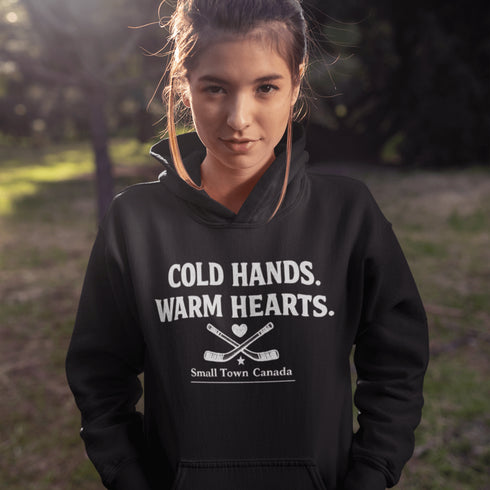 Outdoor hockey hoodie celebrating small town rink life. Cozy fleece sweatshirt perfect for skating, shinny nights, and Canadian winter traditions.