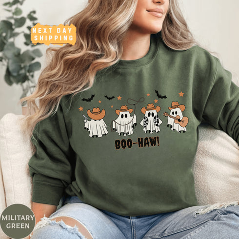 Featuring a posse of cartoon ghosts decked out in cowboy hats, boots, and even a few lasso tricks, this sweatshirt is perfect for haunting the Wild West in style.