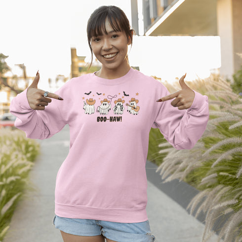 Featuring a posse of cartoon ghosts decked out in cowboy hats, boots, and even a few lasso tricks, this sweatshirt is perfect for haunting the Wild West in style.