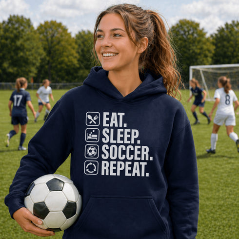 Teen wearing “Eat Sleep Soccer Repeat” hoodie holding a soccer ball on a soccer field during a game, casual soccer apparel