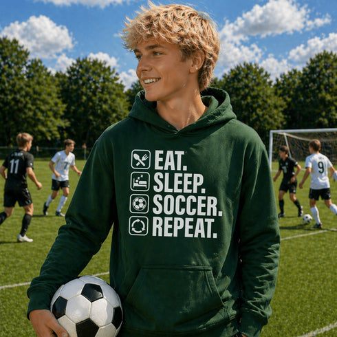 Teen wearing “Eat Sleep Soccer Repeat” hoodie holding a soccer ball on a soccer field during a game, casual soccer apparel