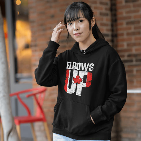 This hoodie, featuring bold Canadian flag-style lettering, is perfect for beer league warriors, die-hard hockey fans