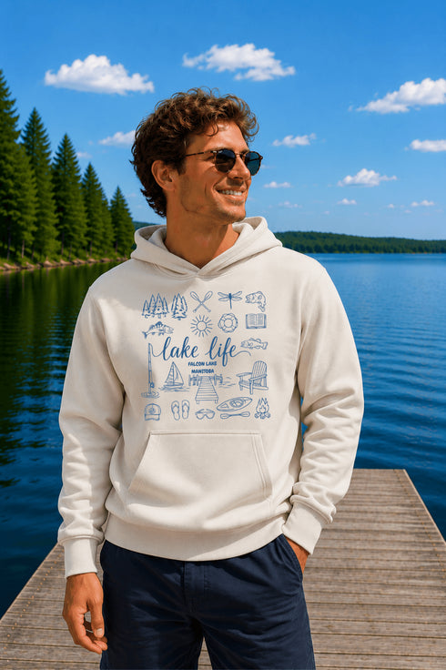 Customizable Lake Life hoodie featuring lake-themed illustrations including a dock, canoe, sailboat, campfire, fishing gear, and personalized lake name design on a unisex Gildan 18500 hoodie available in multiple colors.