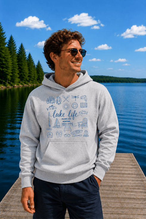 Customizable Lake Life hoodie featuring lake-themed illustrations including a dock, canoe, sailboat, campfire, fishing gear, and personalized lake name design on a unisex Gildan 18500 hoodie available in multiple colors.
