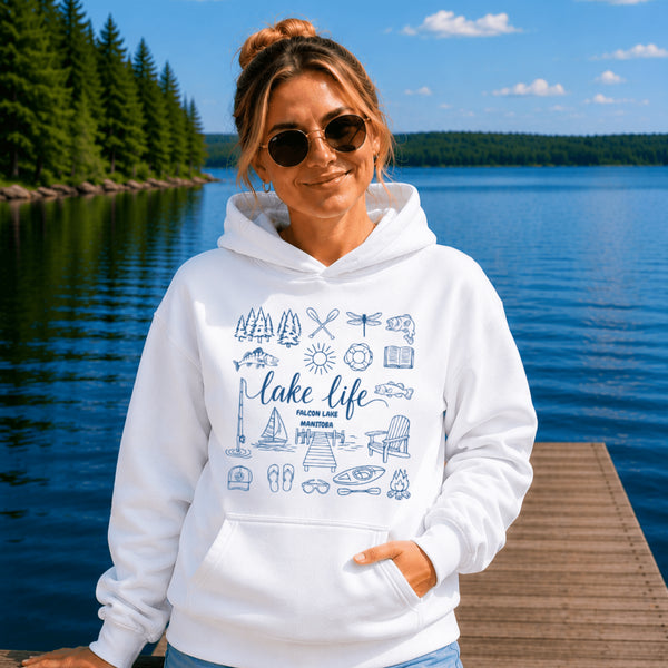 Customizable Lake Life hoodie featuring lake-themed illustrations including a dock, canoe, sailboat, campfire, fishing gear, and personalized lake name design on a unisex Gildan 18500 hoodie available in multiple colors.