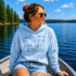 Customizable Lake Life hoodie featuring lake-themed illustrations including a dock, canoe, sailboat, campfire, fishing gear, and personalized lake name design on a unisex Gildan 18500 hoodie available in multiple colors.