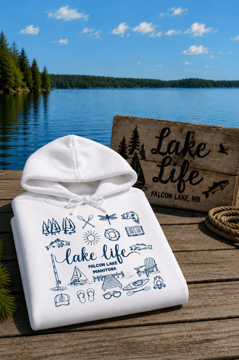 Customizable Lake Life hoodie featuring lake-themed illustrations including a dock, canoe, sailboat, campfire, fishing gear, and personalized lake name design on a unisex Gildan 18500 hoodie available in multiple colors.