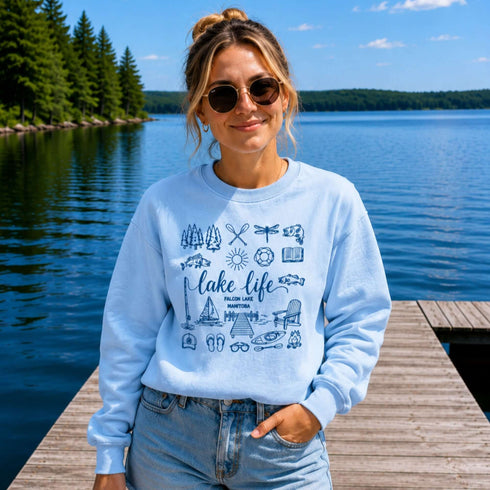 Lake Life Falcon Lake Manitoba custom sweatshirt with hand-drawn lake icons design on cozy crewneck apparel