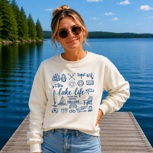 Lake Life Falcon Lake Manitoba custom sweatshirt with hand-drawn lake icons design on cozy crewneck apparel