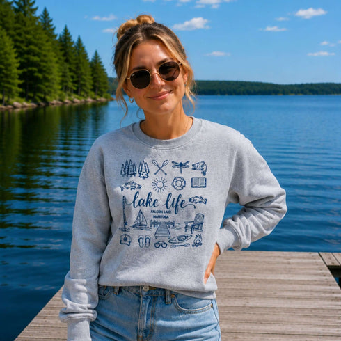 Lake Life Falcon Lake Manitoba custom sweatshirt with hand-drawn lake icons design on cozy crewneck apparel