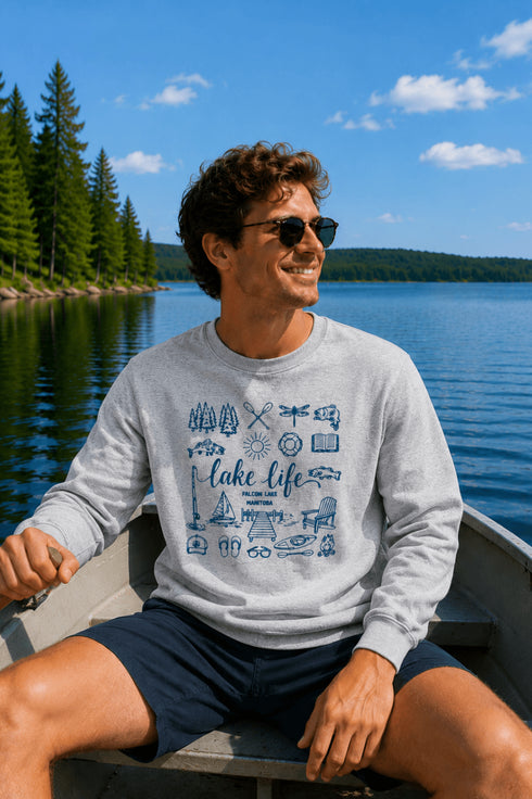 Lake Life Falcon Lake Manitoba custom sweatshirt with hand-drawn lake icons design on cozy crewneck apparel