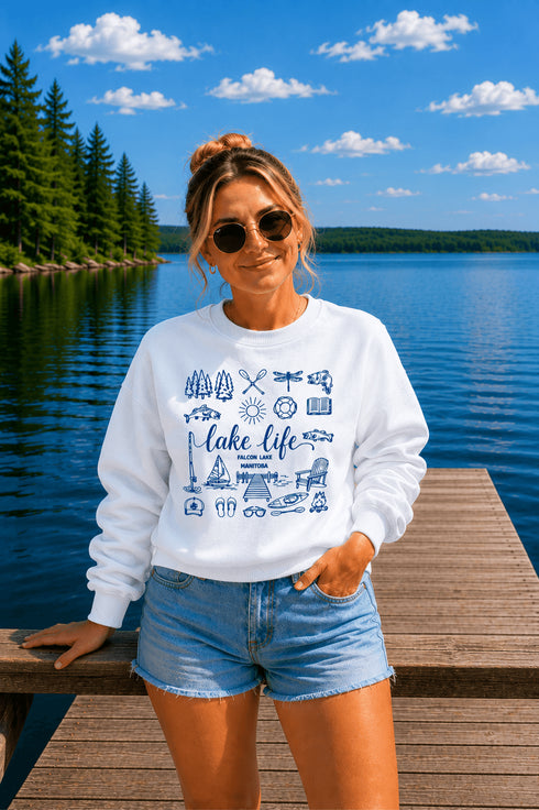 Lake Life Falcon Lake Manitoba custom sweatshirt with hand-drawn lake icons design on cozy crewneck apparel