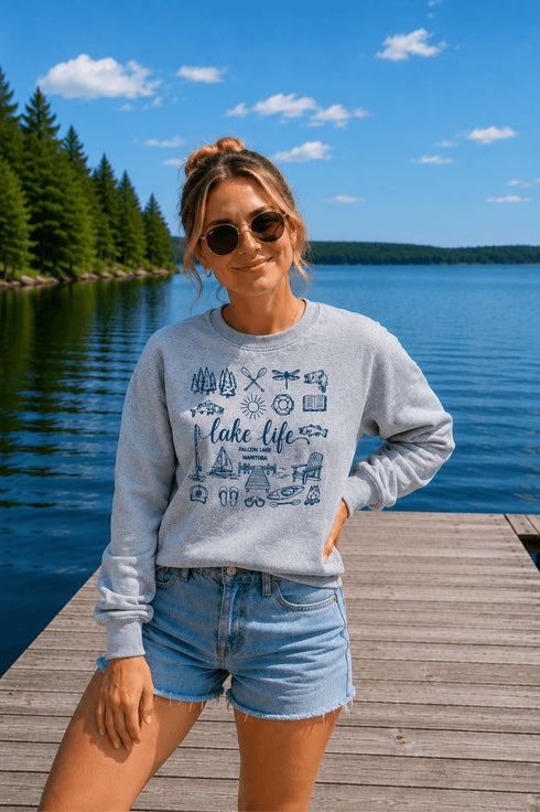 Lake Life Falcon Lake Manitoba custom sweatshirt with hand-drawn lake icons design on cozy crewneck apparel