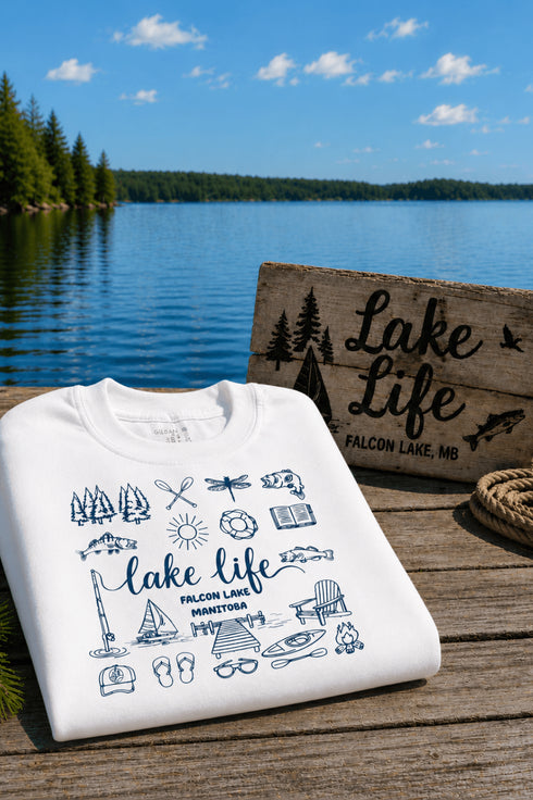 Lake Life Falcon Lake Manitoba custom sweatshirt with hand-drawn lake icons design on cozy crewneck apparel