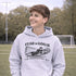 youth wearing grey hoodie with “Fear The Goalie” soccer goalkeeper design featuring diving goalie making a save