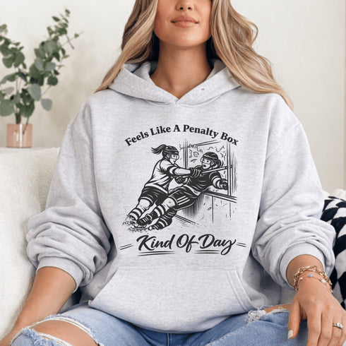 funny hockey hoodie with feels like a penalty box kind of day design featuring players crashing into boards on grey hoodie